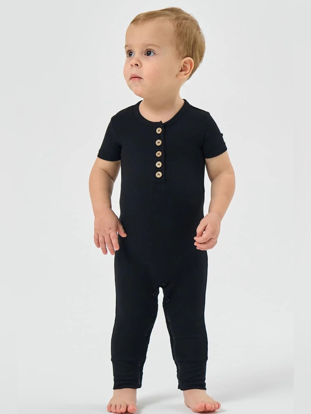 NWT Posh Peanut Black Ribbed Bamboo Henley Romper 18-24M Baby One Piece